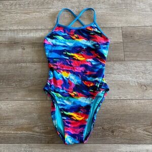 TYR Swimsuit Women 30 Blue Multi Color Abstract Print Crossback One Piece